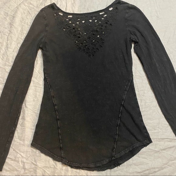 Free People Grey Long Sleeve Lace Detail Top Slub Knit Distressed Size Sm - Picture 8 of 8